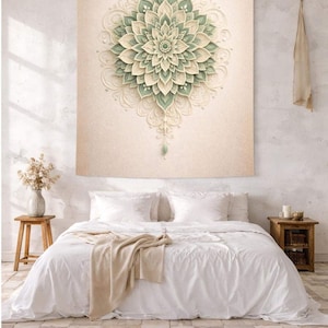 Organic Luxe™ | Sage Green Mandala Tapestry Wall Hanging, Neutral Boho Wall Decor, Floral Mandala Art, Zen Bedroom Yoga Room Calm Decor