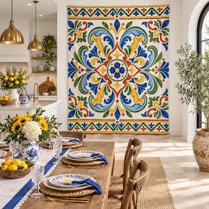 May include: A large rectangular wall tapestry featuring a symmetrical, ornate floral pattern in vibrant shades of blue, yellow, green, and orange on a cream background, with decorative borders at the top and bottom edges of the fabric.