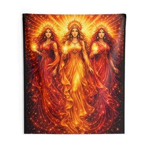 May include: A tapestry featuring three women in flowing gowns, each holding a glowing orb. The women are adorned with golden crowns and jewelry, set against a radiant, star-filled background. The color palette includes shades of red, orange, and gold.
