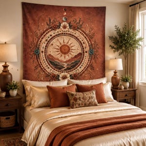 Organic Luxe™ | Boho Sun Mandala Tapestry, Celestial Design (Earth Tone, Meditation Room), Large Wall Art, Unique Wall Art