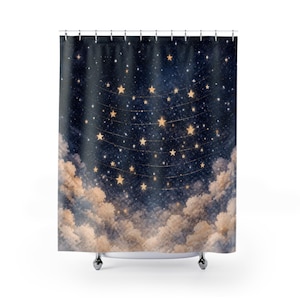 May include: A shower curtain featuring a night sky design. The curtain depicts a dark blue sky filled with stars and strings of glowing golden stars. Fluffy, light-colored clouds are at the bottom of the curtain.
