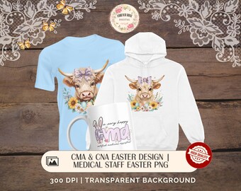 Oster Highland Kuh PNG, Blumen- & Schleifendesign, Pastellfrühlingsfarben, Grafik im Boutique-Stil