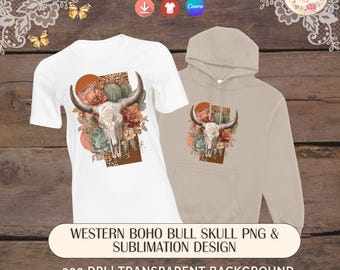 Western Long Horn Skull Sublimationsdesign, Wüstenblumenkaktus Grafik, Cowgirl-Shirt PNG