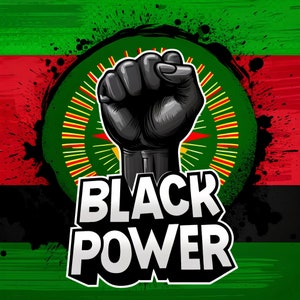 Può includere: Illustrazione grafica di un pugno nero chiuso, simbolo di Black Power, su uno sfondo verde, rosso e nero. Le parole "BLACK POWER" sono visualizzate in lettere bianche in grassetto con un contorno nero.
