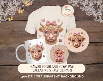 Kawaii Highland Kuh PNG | Valentinstag Sublimation, 300 DPI Gemütliche Kuh Clipart