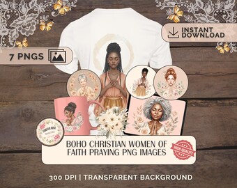 spirituelles Frauen Clipart Bundle - BOHO Gebet, Meditation mit weichen Blumen | 300 DPI PNG Bild