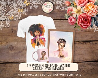 Christliches PNG-Bundle: Aquarell Women of Color - Glaube & Schrift Sublimationskunst