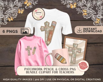 Patchwork Bleistifte & Kreuz PNG Bündel | 300 DPI Sublimation Clipart für Lehrer, Faith Crafts, Schulaufkleber, Scrapbook Grafiken