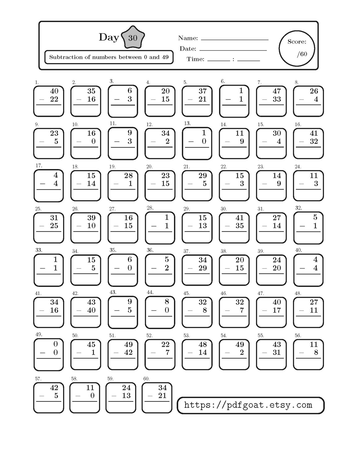 SUBTRACTION Timed Tests (60 Days) With Answer Key - One and Two-digit ...