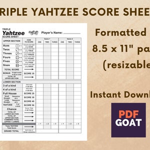 Triple Yahtzee score sheet - Printable file - PDF Download (8.5x11 in)