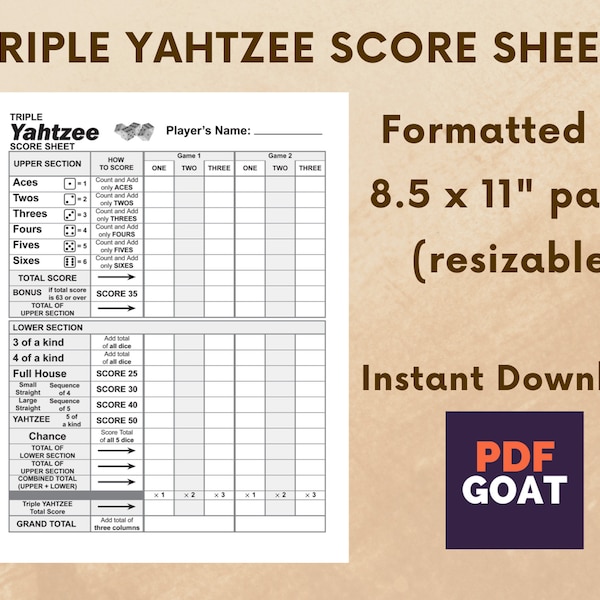 Triple Yahtzee score sheet - Printable file - PDF Download (8.5x11 in)