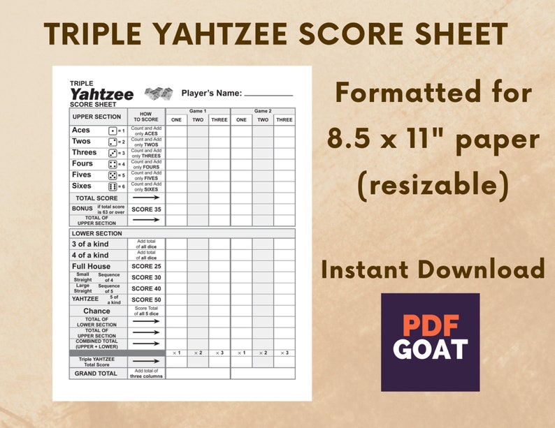 Triple Yahtzee Score Sheet - Printable File - PDF Download (8.5x11 In) - Etsy