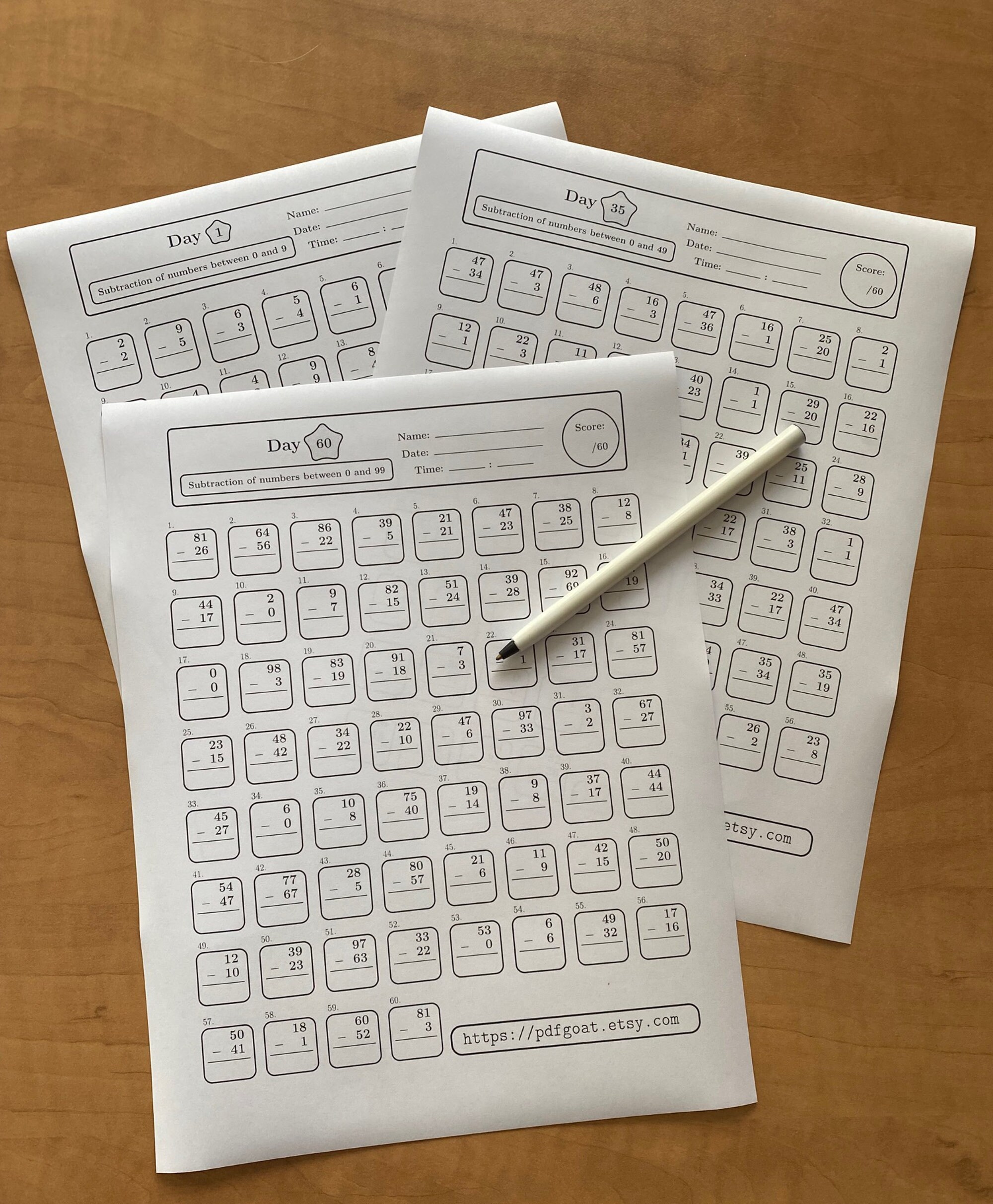 SUBTRACTION Timed Tests (60 Days) With Answer Key - One and Two-digit ...