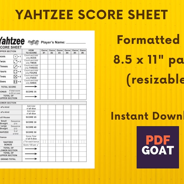 Yahtzee score sheet - Printable file - Instant PDF Download (8.5x11 in)