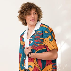 Retro Dragon Hawaiian Shirt | Fun Unisex Summer Button-Down | DnD-Inspired Nerdy Fantasy Shirt | Geeky Vacation Shirt
