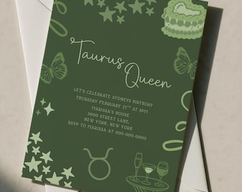 Taurus Birthday Invitation | Zodiac Birthday Party | Green Aesthetic Invite | Editable Canva Template | Astrology Invite