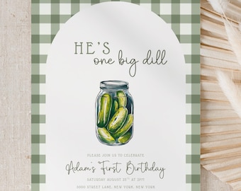 He’s One Big Dill Birthday Invitation | Pickle First Birthday Invite | Funny Boy 1st Birthday Party | Green Gingham Theme | Editable Canva