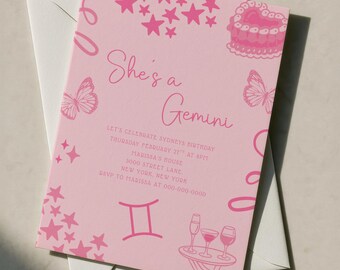 Gemini Birthday Invitation | Zodiac Birthday Party | Pink Aesthetic Invite | Editable Canva Template | Astrology Invite