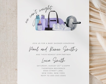 Nous ne pouvons pas peser le nouveau modèle de toile modifiable d'invitation d'entraînement de baby shower de copain de gymnase