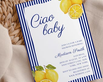 Ciao Baby Shower Invitation, Italian Baby Shower Invite, Lemon Baby Shower Invitation, Editable Baby Shower Invite, Editable Canva Template