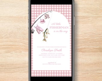 Fishing Baby Shower Mobile Invitation, Girl Fishing Baby Shower Invite, Pink Fishing, Canva Editable Template b04f