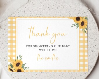 Sunflower Baby Shower Thank You Card | Yellow Gingham Sunflower | Baby Shower Favor Card | Editable Canva Template b02s