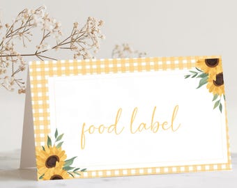 Sunflower Baby Shower Food Labels | Yellow Gingham Sunflower Buffet Labels | Baby Shower Decor | Editable Canva Template b02s
