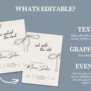 May include: Two ivory-colored invitation cards with black text and bow illustrations. The text reads "she untied the knot" and "out with the old". The cards are for Mariah's Divorce, with event details.
