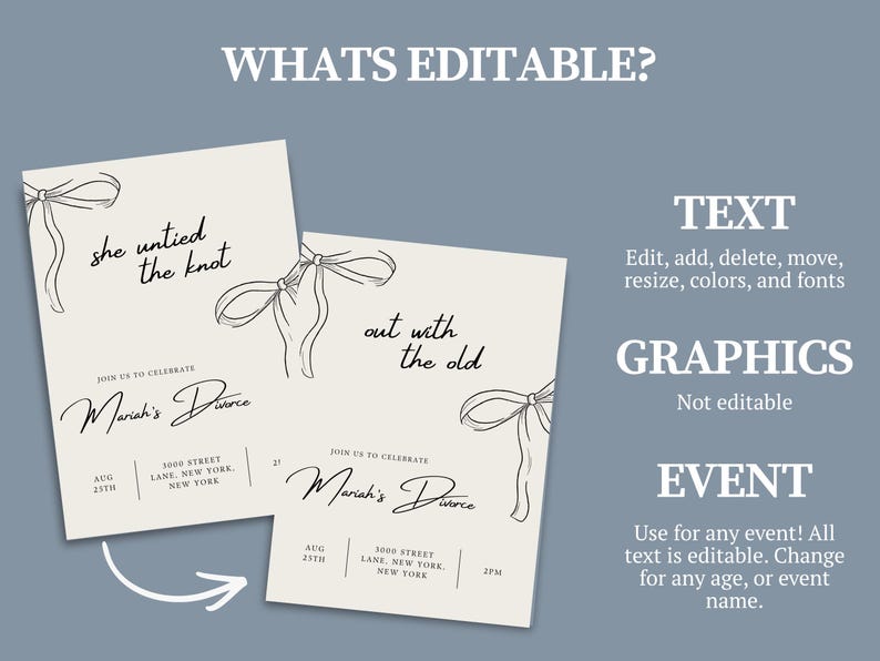 May include: Two ivory-colored invitation cards with black text and bow illustrations. The text reads "she untied the knot" and "out with the old". The cards are for Mariah's Divorce, with event details.