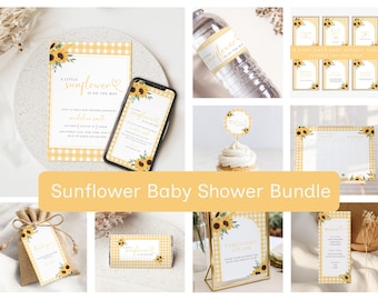 Sunflower Baby Shower Bundle, Baby Shower Games Signs Invitation Template, Editable Canva Download b02s