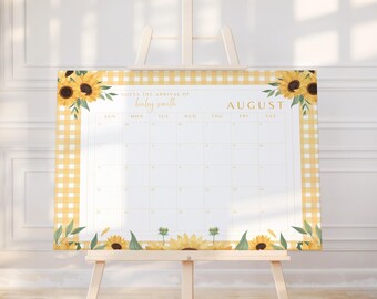 Baby Shower Due Date Calendar Printable, Sunflower Baby Prediction Game, Guess Baby Arrival Sign Editable Canva Template, b02s