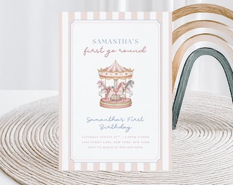 First Go Round Birthday Invitation Template | Carousel First Birthday Invite | Vintage Carnival Birthday | Editable Printable Invite