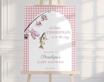 Fishing Baby Shower Welcome Sign, Girl Fishing Baby Shower Sign, Pink Fishing Welcome Sign, Editable Canva Template b04f