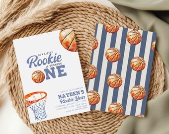 Basketball Rookie Birthday Invitation | First Birthday Boy Invite | Our Little Rookie Turns One | Sports Birthday Party Invite Template