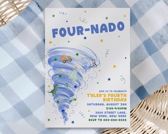 Fournado Birthday Invitation | 4th Birthday Invitation | Tornado Birthday Party Invite | Weather Birthday | Canva Editable Template