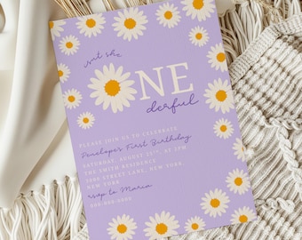 Isn’t She One-derful First Birthday Invitation Template, Daisy First Birthday Invite, Editable Canva Invite, Floral 1st Birthday, Printable