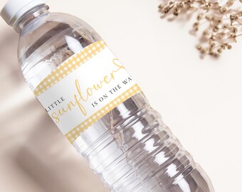 Sunflower Baby Shower Water Bottle Label | Yellow Gingham Sunflower | Baby Shower Decor | Editable Canva Template b02s