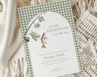 Plantilla de Canva para invitación de baby shower de "Pequeño Pescador", invitación de baby shower con temática de pesca, invitación de baby shower para niño, plantilla editable de Canva.