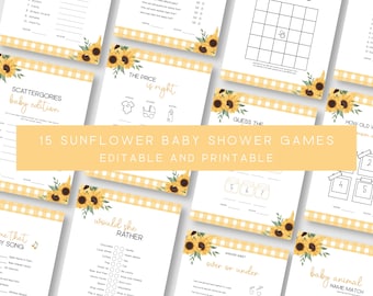 Sunflower Baby Shower Games Bundle, Gender Neutral Shower Games, Editable Canva Template. Summer Baby Shower b02s
