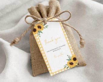 Sunflower Baby Shower Favor Tag | Thank You Favor Tag Template | Yellow Gingham Sunflower | Baby Shower Favor Labels | Editable Canva
