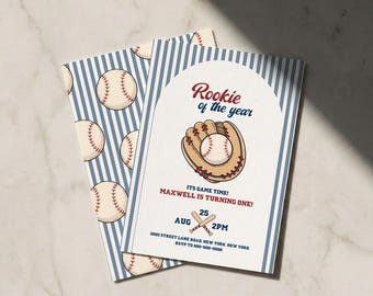 Baseball Rookie of the Year Birthday Invitation | First Birthday Boy Invite | Baseball 1st Birthday Invite | Editable Canva Template
