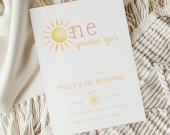 One Golden Girl Birthday Invitation | Sunshine First Birthday Invite |Our Little Sunshine Is One | Editable Canva Template