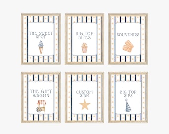 Circus Party Signs Bundle, Circus Birthday Decorations, Food Party Signs, Carnival Party Decor, Editable Canva Template b03g