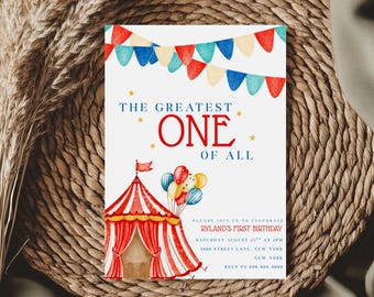 First Birthday Circus Invitation | The Greatest One Invite | Carnival Birthday Party | Vintage Circus Theme | Editable Canva Template