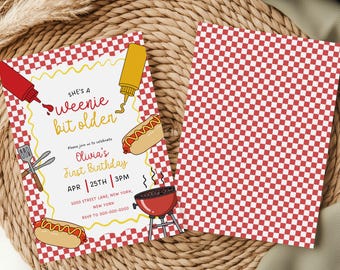 Weenie Bit Older Birthday Invitation | Hot Dog First Birthday Invite | BBQ Birthday Party Invitation | Editable Canva Template