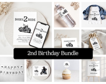 Born 2 Ride Birthday Bundle Two Fast 2nd Birthday Invitation Motorcycle Birthday Decorations Editable Canva Templates b01b
