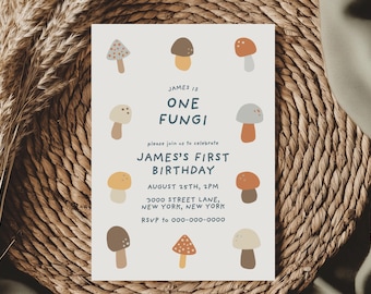 One Fungi First Birthday Invitation Template | Mushroom Birthday Invite | Woodland First Birthday | Editable Printable Invite