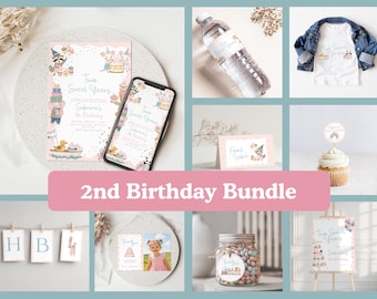 2nd Birthday Bundle Template | Two Sweet Years Birthday Decorations | Editable Invitation Bundle | Party Package | Editable Canva Template