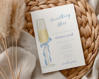 Something Blue Bridal Shower Invitation Template, Blue Bow Champagne Invite, Editable Bridal Shower Invite, Instant Download