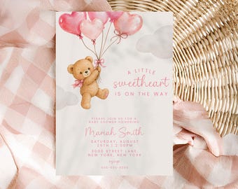 Baby Shower Invitation | Sweetheart Baby Shower Invite | Teddy Bear Baby Shower Invitation | Pink Baby Girl Shower | Editable Canva Template